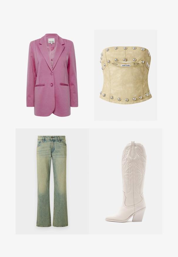 Blazer rosa con un corte ajustado, dos botones, solapas con muesca y bolsillos laterales. Tejido suave con un acabado ligeramente texturizado.; Corsé sin tirantes de cuero beige con tachuelas redondas plateadas y etiqueta visible de "Jaded London" en el centro del frente.; Jeans de denim azul claro con un diseño de pierna acampanada, que cuenta con cinco bolsillos y un sutil desgastado. La tela tiene una textura suave y un cierre clásico con botón.; Bota vaquera de cuero blanco con punta afilada y tacón bloqueado. Presenta patrones de costura intrincados en el caña y una textura suave.