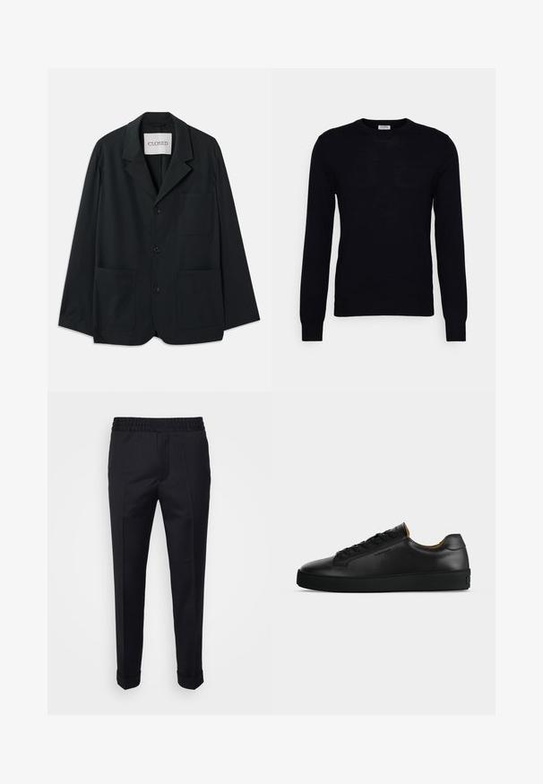CLOSED WORKWEAR - Blazerjasje - dark night; Zwarte lange mouwen trui gemaakt van zacht gebreid materiaal. Ronde halslijn, geribbelde manchetten en zoom. Minimalistisch ontwerp zonder zichtbare patronen of knopen.; Zwarte broek van lichtgewicht stof, met een elastische tailleband, zijzakken en opgerolde mouwen. Soepele textuur met voorplooien.; Zwarte lage leren sneaker met zwarte veters, gestructureerde rubberen zool en klein geperst logo aan de zijkant, zijaanzicht tegen een grijze achtergrond.