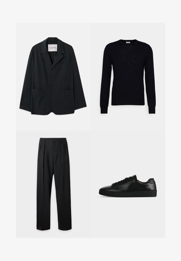 CLOSED WORKWEAR - Veste de costume - dark night; Pull noir à manches longues en tricot doux. Encolure ronde, poignets et ourlet côtelés. Design minimaliste sans motifs ni boutons visibles.; Pantalon noir taille haute, sur-mesure, avec passants pour ceinture, plis sur le devant, fermeture par bouton et jambes droites larges sur fond clair.; Basket basse en cuir noir avec lacets noirs et semelle épaisse noire, vue de profil sur fond gris clair.