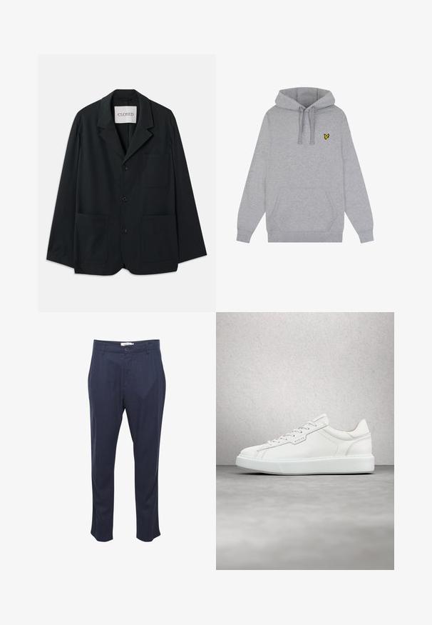 CLOSED WORKWEAR - Sakko - dark night; Grauer Kapuzenpullover aus weichem Stoff. Mit einer vorderen Kängurutasche und einem kleinen gelben Schmetterlingslogo auf der Brust.; Marineblaue Hose aus leichtem Stoff, mit flachem Frontschnitt, Gürtelschlaufen und einem Knopfverschluss. Gerader Beinschnitt, ohne sichtbare Muster.; Weiße Ledersneaker mit runder Zehenform, flacher Schnürung und grauer Gummisohle. Verfügt über dezente Nähte und ein Logoakzent.