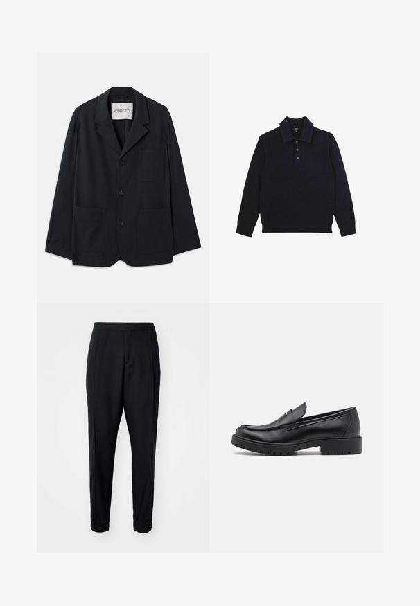 CLOSED WORKWEAR - Blazerjasje - dark night; Navyblauwe gebreide pullover met een polo kraag, voorzien van een knoopsluiting en textuurdetails op de schouders. Lange mouwen en geribde manchetten.; Zwarte tapered broek met een gladde textuur, elastische tailleband en boorden. Voorzien van plooien aan de voorkant voor een nette uitstraling.; Zwarte leren instappers met een ronde neus, slip-on ontwerp en dikke rubberen zool met een gestructureerde grip. Verhoogde hak en subtiele stikdetails.