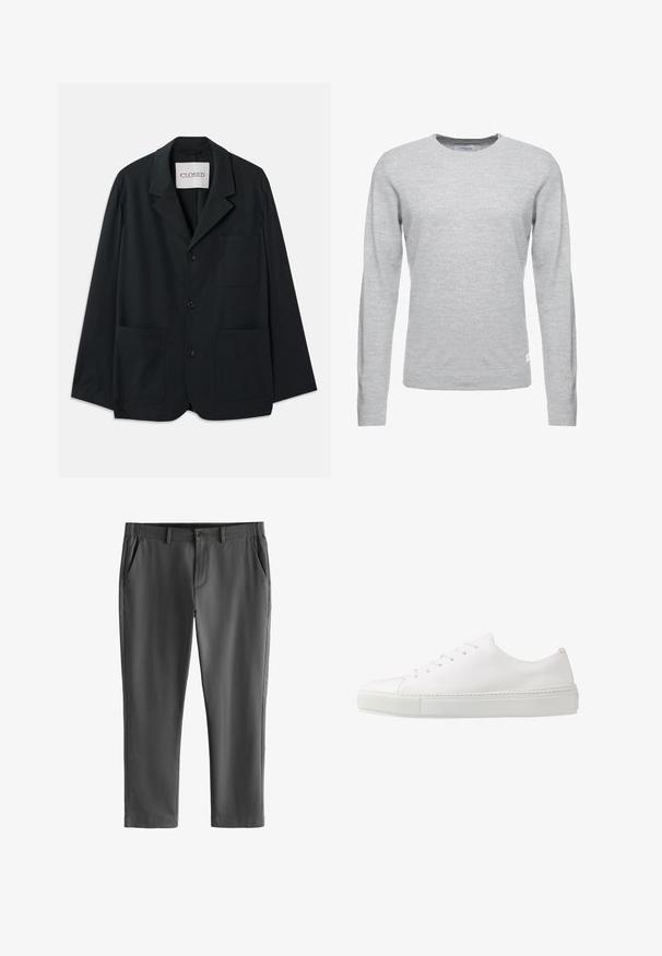 CLOSED WORKWEAR - Sakko - dark night; Hellgrauer Pullover, lange Ärmel, Rundhalsausschnitt, weiche Textur, minimalistisches Design, kleines Logoetikett am unteren linken Saum.; Dunkelgraue, maßgeschneiderte Hose mit Gürtelschlaufen, vorderem Knopf- und Reißverschluss sowie schrägen Seitentaschen, dargestellt vor weißem Hintergrund.; Weiße Leder-Sneaker mit glatter Oberfläche, abgerundeter Zehenpartie und sechs Ösen für die Schnürsenkel. Verfügt über eine strukturierte Gummisohle und ein minimalistisches Design.
