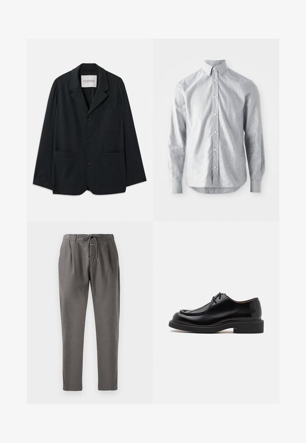 CLOSED WORKWEAR - Blazerjasje - dark night; Lichtgrijze shirt met lange mouwen in een geweven stof. Voorzien van een knoopsluiting aan de voorkant, een puntige kraag en een ronde zoom. Klassieke pasvorm met knoopsluiting aan de manchetten.; Grijze katoenen broek met een elastische tailleband en trekkoord. Beschikt over zijzakken en een relaxte pasvorm, die aan de enkels taps toeloopt.; Zwarte leren schoen met een ronde neus, gestikte details, minimale veters en een dikke rubberen zool voor grip en duurzaamheid.
