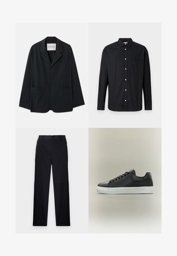 CLOSED WORKWEAR - Blejzrové sako - dark night; Čierna košeľa s dlhým rukávom a gombíkmi, s golierom a náprsníkom, vystavená na svetlom pozadí.; Čierne nohavice z ľahkého textúrovaného materiálu, s priamym strihom, elastickým pásom a bočnými zipsovými vreckami.; Čierna kožená nízka teniska s čiernymi šnúrkami a bielou gumovou podrážkou na neutrálnom pozadí, bočný pohľad.
