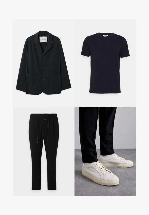CLOSED WORKWEAR - Blazerjasje - dark night; Zwart T-shirt met korte mouwen en ronde hals, met een klein wit label aan de binnenkant van de halslijn.; CLOSED VIGO TAPERED - Chino - dark night; Lichtbeige leren sneakers met platte veters, een gestructureerd oppervlak en een contrasterende crème-kleurige rubberen zool, gecombineerd met zwarte taps toelopende broek.