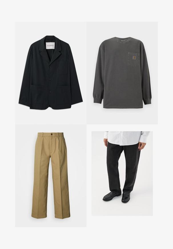CLOSED WORKWEAR - Blejzrové sako - dark night; Tmavosivé tričko s dlhým rukávom a okrúhlym výstrihom s náprsným vreckom s malou nášivkou loga Carhartt na vrecku.; Béžové široké nohavice z bavlny s gombíkovou prednou časťou, tromi záhybmi a rovnými lemy pre pohodlný strih.; Čierne denimové nohavice v kombinácii s lesklými čiernymi polobotkami. Košeľa je biela s tenkými vertikálnymi pruhmi, má dlhé rukávy a zapínanie na gombíky.