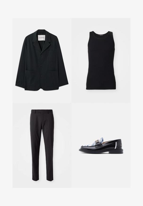 CLOSED WORKWEAR - Sakko - dark night; Schwarzes Tanktop aus einem glatten, dehnbaren Material. Verfügt über einen runden Halsausschnitt und keine Ärmel, mit einer engen Passform und einfachem Design.; Schwarze, maßgeschneiderte Hose mit flachem Frontdesign, schlanker Passform, Gürtelschlaufen und glatter Textur. Geeignet für formelle oder geschäftliche Anlässe.; Schwarzer Lederloafer mit blau-weiß gemustertem Stoffblatt, goldfarbenem Schnallendetail und weißem Akzent an der Ferse. Flache Sohle.