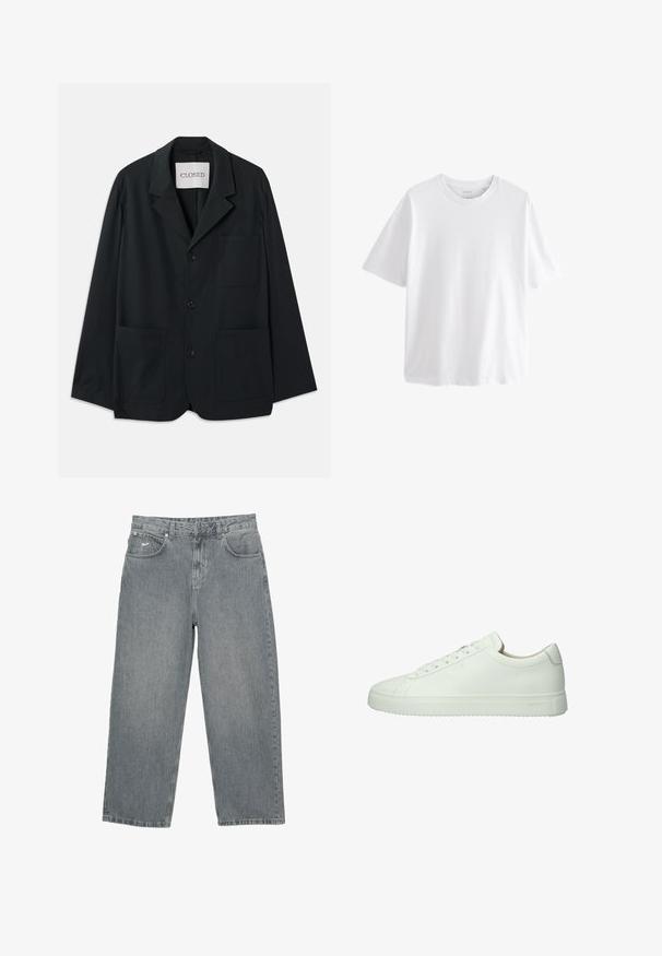 CLOSED WORKWEAR - Blazerjasje - dark night; Effen witte T-shirt met korte mouwen, ronde hals en een ontspannen pasvorm, getoond op een witte achtergrond.; Lichtgrijze denimbroek met een rechte pijp, vijf zakken en een gulp met knopen. Heeft subtiele branding op de voorkant van de tailleband.; Witte leren sneaker met een gladde textuur, laag profiel, ronde neus en ton-sur-ton veters. Heeft een getextureerde rubberen zool.