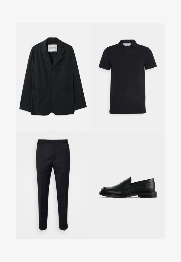 CLOSED WORKWEAR - Veste de costume - dark night; Polo noir à manches courtes avec un col classique, fabriqué en tissu lisse. Présente une étiquette avec le nom de la marque 'Filippa K' au niveau de l'encolure.; Pantalon noir en tissu léger, avec une taille élastique, des poches latérales et des poignets roulés. Texture lisse avec des plis à l'avant.; Mocassin penny pour homme en cuir noir avec talon bas empilé et bout arrondi, vu de profil sur fond gris clair.