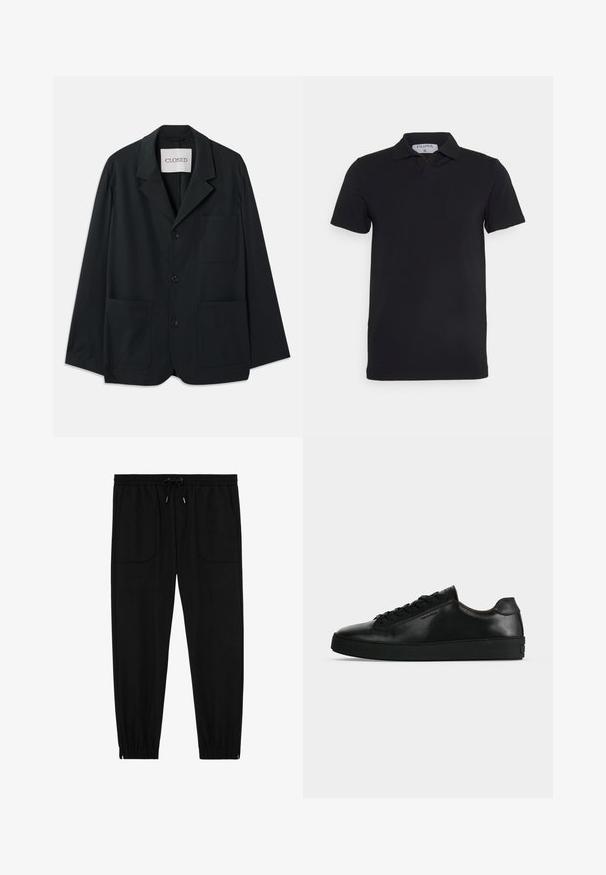 CLOSED WORKWEAR - Sakko - dark night; Schwarzes kurzärmliges Polohemd mit klassischem Kragen, aus glattem Material. Verfügt über ein Etikett mit dem Markennamen 'Filippa K' am Kragen.; Schwarze Jogginghosen mit elastischem Bund, Kordelzug, vorderen aufgesetzten Taschen und elastischen Bündchen vor weißem Hintergrund.; Schwarzer niedriger Ledersneaker mit schwarzen Schnürsenkeln und dicker schwarzer Sohle, von der Seite auf hellgrauem Hintergrund gezeigt.