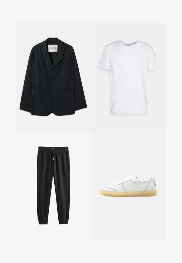 CLOSED WORKWEAR - Blazerjasje - dark night; Witte t-shirt met korte mouwen, gemaakt van katoen. Heeft een ronde halslijn en een comfortabele pasvorm zonder zichtbare patronen of accessoires.; Zwarte joggingsbroek van zacht materiaal, met een elastische tailleband met een trekkoord, taps toelopende pijpen en ribbelboorden bij de enkels.; Witte lage leren sneaker met beige doorschijnende zool, veters aan de voorkant en minimale stiksel details, zijaanzicht op een effen achtergrond.