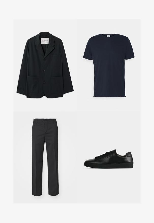 CLOSED WORKWEAR - Blazerjasje - dark night; Navyblauwe katoenen t-shirt met ronde hals en korte mouwen, met een gladde textuur en eenvoudig ontwerp, zonder zichtbare patronen of accenten.; Filippa K TROY TROUSERS - Broek - black; Zwarte lage leren sneaker met zwarte veters en een dikke zwarte zool, getoond van opzij tegen een lichtgrijze achtergrond.