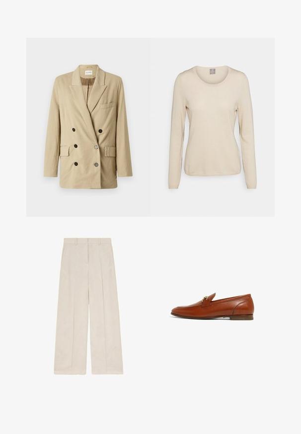 Beige linned blazer med dobbeltknap, spidse klapper, to frontlommer og sorte knapper. Har et minimalistisk design og tekstureret stof.; FTC Cashmere Striktrøje - oatmeal; Beige vidde bukser med bæltestropper og forreste plisseringer, vist fladt på hvid baggrund.; Brun læderloafer med rund tå, lille broderet detalje og lav hæl. Glat tekstur med minimale sydetaljer.