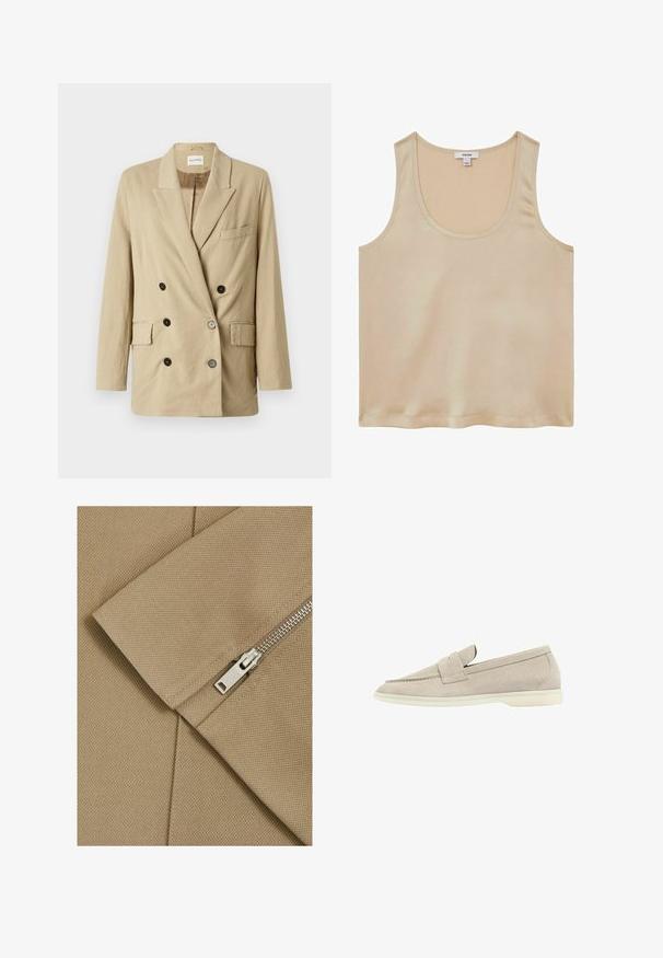 Beige linned blazer med dobbeltknap, spidse klapper, to frontlommer og sorte knapper. Har et minimalistisk design og tekstureret stof.; Reiss REGULAR FIT - Bluse - neutral; Beige stof med en tekstureret overflade og diagonal søm, prydet med en sølvfarvet lynlås med et rektangulært træk.; Lys beige suede loafers med en lav hvid sål, afrundet tå og en syet rem henover toppen.