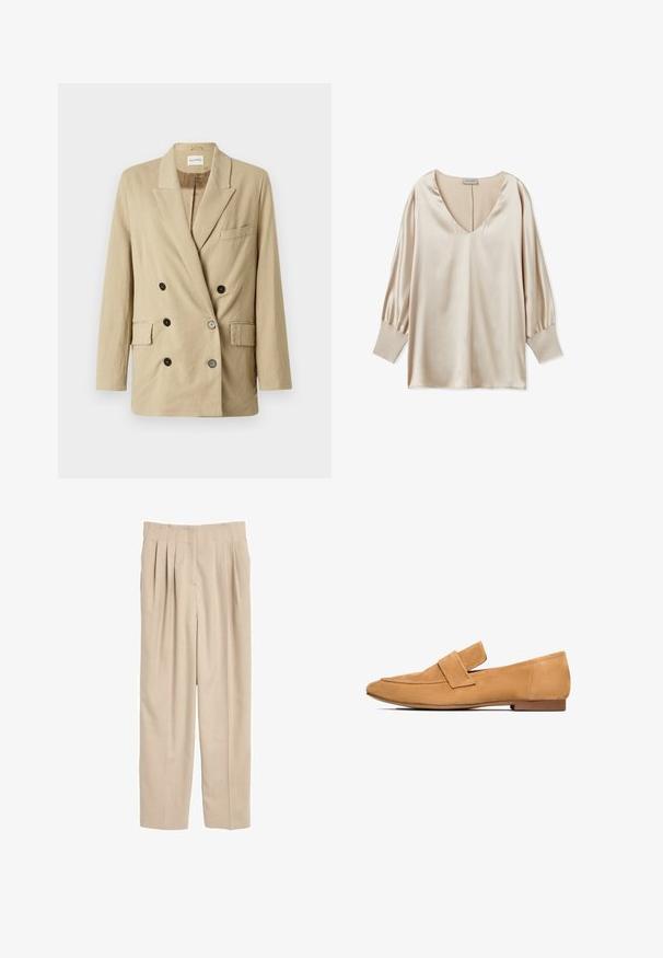 Beige linned blazer med dobbeltknap, spidse klapper, to frontlommer og sorte knapper. Har et minimalistisk design og tekstureret stof.; Beige satinbluse med dyb V-udskæring, lange puffærmer og tætsiddende manchetter. Glat tekstur og minimalistisk design.; Beige plisserede bukser lavet af letvægtsstof. Har en lige pasform, taljebånd med syningsdetaljer og ingen synlige lommer.; Lette mokkasiner i tan farve med flad hæl, rund tå og en syet strop over vristen for et raffineret udtryk.