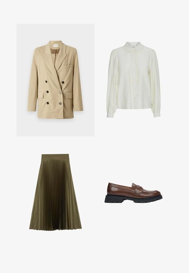 Beige linnen blazer met dubbele rij knopen, puntige revers, twee voorzakken en zwarte knopen. Heeft een minimalistisch ontwerp en textuurstof.; Crèmekleurige blouse met een gerimpelde kraag, sluiting met knopen aan de voorkant, lange pofmouwen en een zachte, gestructureerde stof. Elegante en minimalistische uitstraling.; Olijfgroene midirok met brede tailleband en fijne verticale plooien, uitlopende zoom, op witte achtergrond.; Bruine leren loafers met een platte, zwarte rubberen zool. Bevat een gestikte teenontwerp en een kleine decoratieve band over de bovenkant.