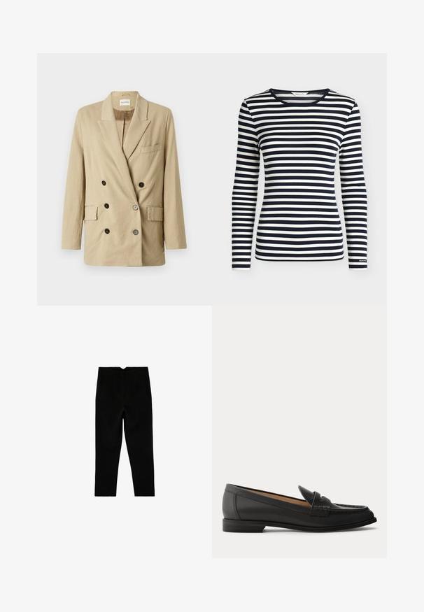 Beige linnen blazer met dubbele rij knopen, puntige revers, twee voorzakken en zwarte knopen. Heeft een minimalistisch ontwerp en textuurstof.; Oversized shirt met lange mouwen met marineblauwe en witte horizontale strepen en een ronde hals, met het merk GANT op de mouwboord.; Zwarte op maat gemaakte broek tot aan de enkel met zijzakken en een licht taps toelopende pijp, plat liggend op een witte achtergrond.; Zwarte leren damesslof met lage hak, afgeronde neus en gestikte details op het bovenwerk, van opzij getoond tegen een effen achtergrond.