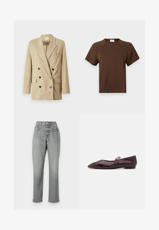 Beige linned blazer med dobbeltknap, spidse klapper, to frontlommer og sorte knapper. Har et minimalistisk design og tekstureret stof.; Brun kortærmet t-shirt med rund halsudskæring og rynkede detaljer på ærmerne. Har et diskret præget logo på den nederste front.; CLOSED JONTA - Jeans Relaxed Fit - mid grey; Ballethæle i bordeaux laklæder med spids tå og en dekorativ lilla sløjfe på forfoden; flad såldesign.