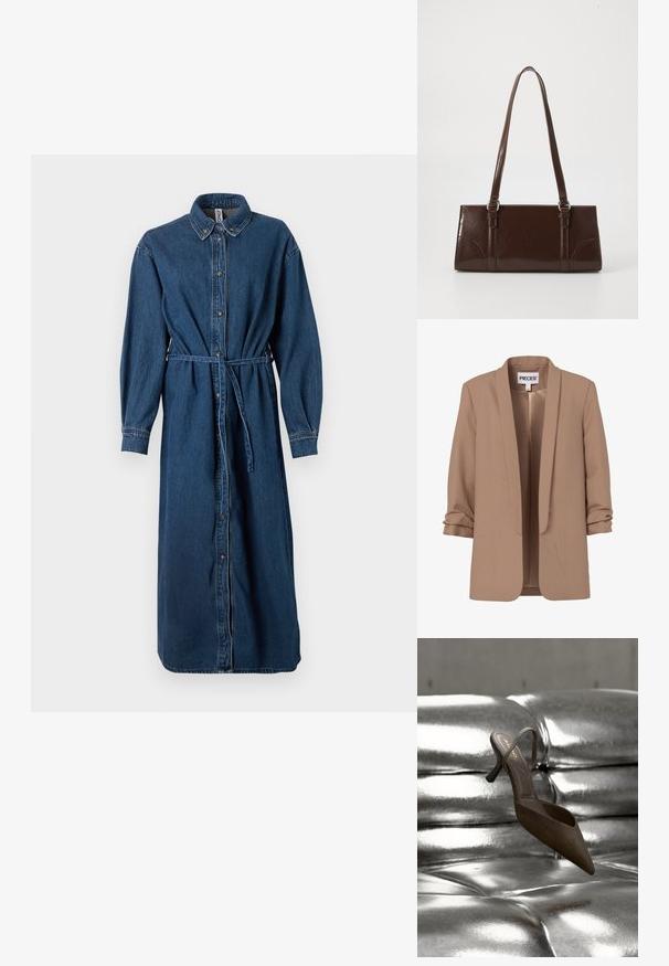 Blazer para mujer color marrón claro con mangas tres cuartos fruncidas y frente abierto, con etiqueta "PIECES".; Vestido de camisa de mezclilla en azul oscuro, con un frente de botones, cuello, mangas largas, cintura elástica con un cinturón a juego y bolsillos laterales.; Zapato marrón de punta puntiaguda con una tira fina, hecho de ante, con un pequeño tacón cuadrado. Sobre una superficie metálica brillante.; Bolso de mano de piel sintética marrón con forma rectangular, dos asas largas y sutiles acentos curvados en la parte delantera.