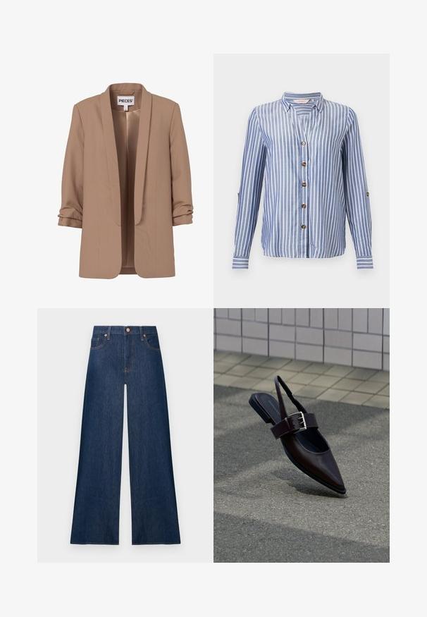 Lysebrun damesblazer med rynkede trekvartærmer og åben front, mærket "PIECES."; Blå og hvide lodrette stribede skjorte med lange ærmer, V-udskæring, krave og brune knapper ned foran og på ærmekanterne.; Mørkeblå vidde jeans i denim med knapper foran og lommer, vist mod en ensfarvet lys baggrund.; Mørkebrune flade slingback-sko med spids tå, bred rem og stor sølvspænde på asfalt nær flisebelagt væg.