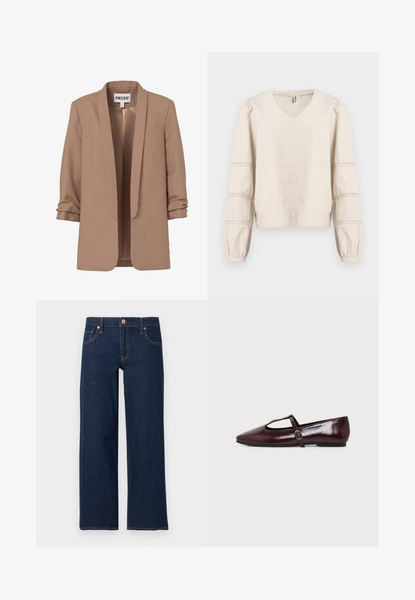 Blazer para mujer color marrón claro con mangas tres cuartos fruncidas y frente abierto, con etiqueta "PIECES".; Blusa beige claro con escote en V, mangas largas abullonadas y detalles de encaje alrededor de los puños. Hecha de tela suave y texturizada.; Vaqueros de pierna recta en azul oscuro con botón y cremallera delanteros, cinco bolsillos y costuras visibles en naranja sobre un fondo gris.; Zapato plano de cuero burdeos oscuro con punta puntiaguda y una fina tira en forma de T con hebilla plateada sobre un fondo blanco.