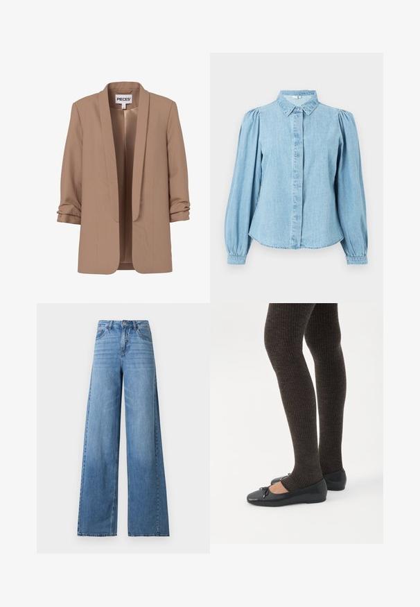 Lysebrun damesblazer med rynkede trekvartærmer og åben front, mærket "PIECES."; Lyseblå denimskjorte med spids krave, knapper foran og lange pufærmer. Glat tekstur med rundet kant forneden.; Lyseblå jeans med højtaljet, vide ben, frontknap og lynlås, lommer foran og bagpå samt subtil afblegning på lårene.; Ben iført mørke ribbede leggings kombineret med sorte balletsko med små sløjfedetaljer på hvid baggrund.