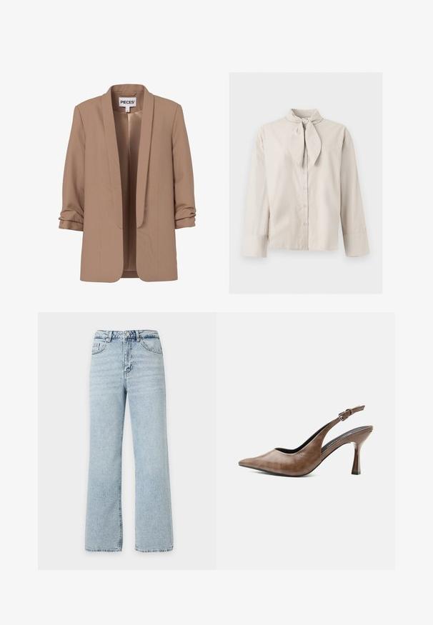 Lysebrun damesblazer med rynkede trekvartærmer og åben front, mærket "PIECES."; Beige langærmet knapbluse med bundet nakkedetalje og brede manchetter på ærmerne, vist på en ensartet lys baggrund.; Lyseblå jeans med høj talje og lige ben med frontknapper og lynlås, bæltestropper og fem-lomme design på ensfarvet baggrund.; Brun lædersandal med høj hæl, spids tå, justerbar rem med spænde og slank tilspidset hæl.
