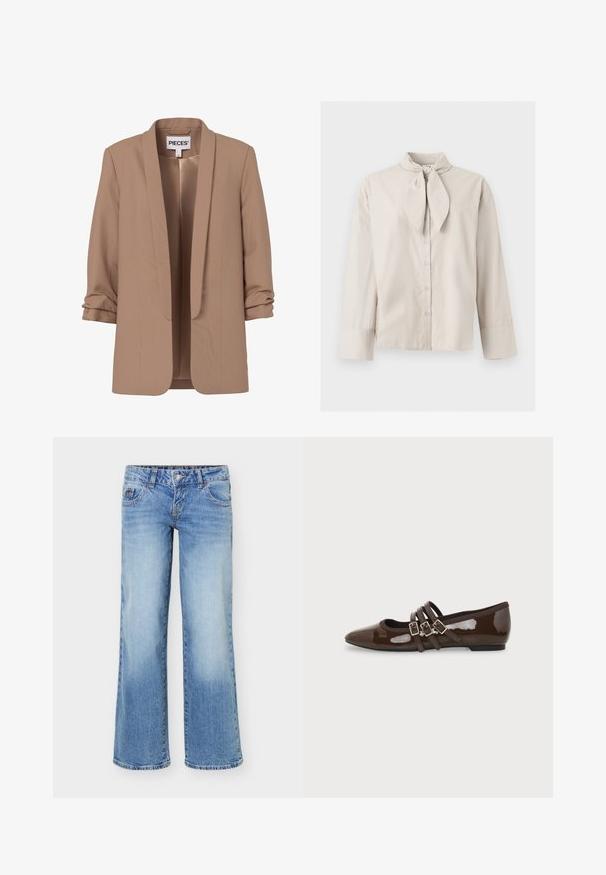 Lysebrun damesblazer med rynkede trekvartærmer og åben front, mærket "PIECES."; Beige langærmet knapbluse med bundet nakkedetalje og brede manchetter på ærmerne, vist på en ensartet lys baggrund.; Lyseblå denimjeans med en let vidde i benene, femlommefacon og knap- og lynlåslukning foran.; Brun laklæder flad sko med spids tå og tre justerbare spænder på siden, vist fra ydersiden.