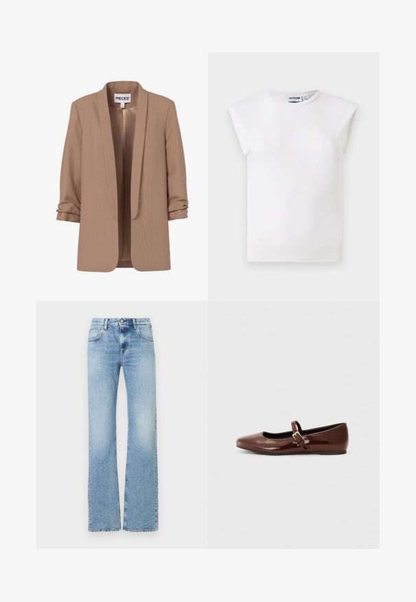 Blazer para mujer color marrón claro con mangas tres cuartos fruncidas y frente abierto, con etiqueta "PIECES".; Top blanco sin mangas con cuello redondo y detalles acolchados en los hombros, fabricado con tejido liso, mostrado sobre un fondo neutro.; Jeans de mezclilla de tiro alto en azul claro, con un ligero desvanecimiento, cierre frontal de botón y cremallera, diseño de cinco bolsillos y corte recto.; Bailarina de charol marrón con punta cuadrada y tira que presenta una pequeña hebilla dorada. Textura suave, tacón bajo y diseño minimalista.