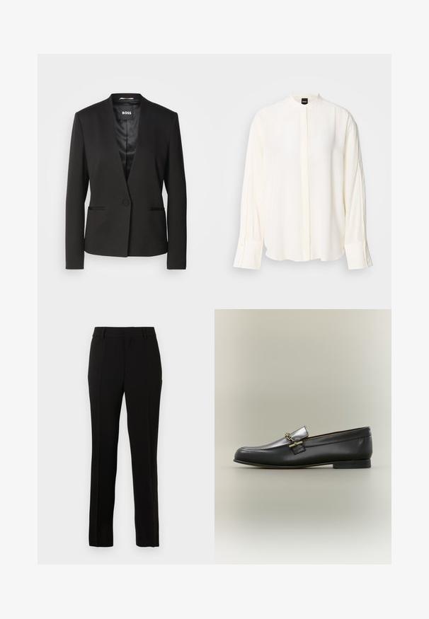 Blazer noir avec un col à cran, fermeture à un bouton et deux poches avant. Fabriqué en tissu lisse avec une doublure satinée.; Blouse à manches longues crème en tissu lisse ; col mao, patte de boutonnage à l'avant, poignets boutonnés et coupe décontractée.; Pantalons noirs ajustés en tissu lisse, présentant une coupe droite, des plis creux, des passants de ceinture et une fermeture éclair.; Mocassin en cuir noir avec dessus argenté, détail de chaîne dorée, petit talon et bout arrondi sur fond neutre.