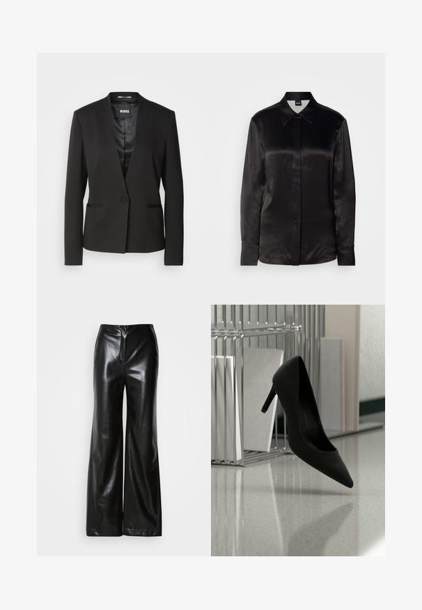 Sort blazer med en notch-krave, enkelt knaplukning og to forlommer. Fremstillet af glat stof med satinforing.; Sort satin langærmet skjorte med spidse krave, lukning foran med knapper og manchetter. Glat tekstur og minimalistisk design.; Sorte læder bukser med bred ben, glat tekstur, høj talje og skjult lynlås foran. Skræddersyet pasform med en ren finish.; Sort højhælet sko balancerende på hælen på en reflekterende bordplade nær metalfilholder med hvide mapper.