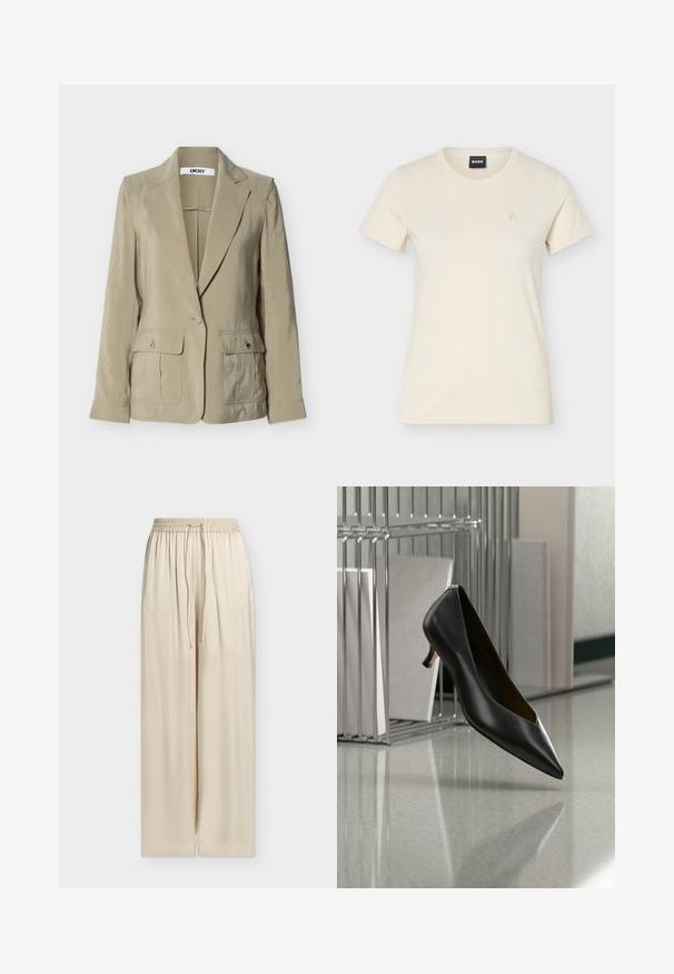Blazer beige à un seul bouton avec revers crantés, deux poches avant à rabat avec boutons, et étiquette DKNY à l'intérieur du col.; T-shirt à manches courtes couleur crème, col rond, avec petit logo brodé sur le côté gauche de la poitrine et étiquette noire "BOSS" à l'intérieur du col.; Pantalon large ample beige avec ceinture élastique et cordon, tissu lisse, ourlet droit, sans poches visibles ni motifs.; Chaussure en cuir noir à bout pointu et talon kitten flottant au-dessus d'un sol gris moucheté, à côté d'un organiseur de fichiers en métal contenant des dossiers.