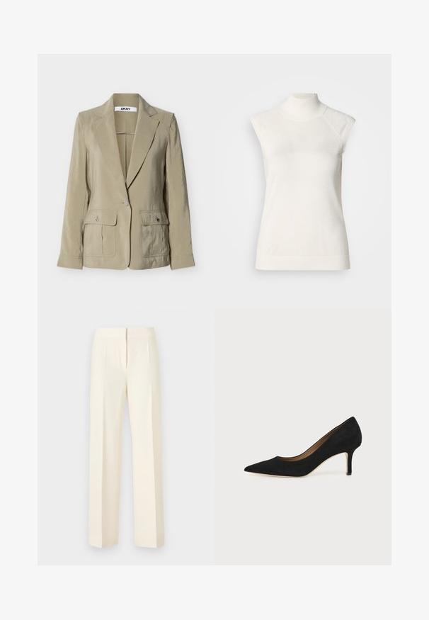 Blazer beige à un seul bouton avec revers crantés, deux poches avant à rabat avec boutons, et étiquette DKNY à l'intérieur du col.; Haut sans manches à col roulé blanc en matière douce ; présente une coupe ajustée avec un col montant et une texture subtilement côtelée à l'ourlet.; Pantalon droit sur mesure couleur blanc cassé avec pli avant, ceinture et fermeture avant dissimulée sur un fond uni.; Escarpin en daim noir à bout pointu avec un talon stiletto fin de hauteur moyenne et un design à coupe basse sur un fond uni.