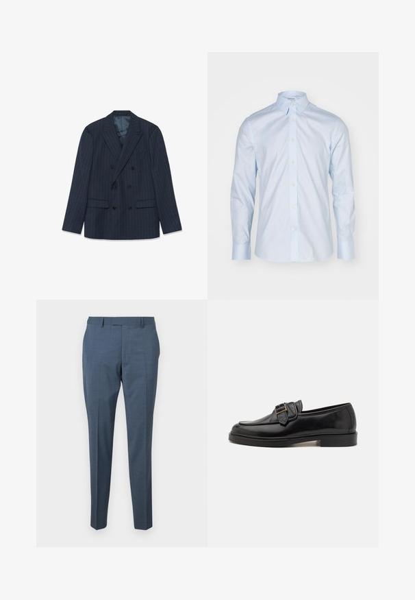 Marineblauesdblätriges Sakko mit feinen Nadelstreifen, mit Reverskragen und aufgesetzten Taschen, flach auf einem weißen Hintergrund ausgelegt.; Himmelblaues Langarmhemd mit klassischem Kragen, durchgehender Knopfleiste und kontrastierenden Knöpfen; aus glattem Stoff mit frischer Oberflächenstruktur gefertigt.; Maßgeschneiderte Hosen aus einem hellblauen Stoff mit einer dezenten Textur. Sie haben einen geraden Beinstil und eine flache Vorderseite. Mit Gürtelschlaufen ausgestattet.; Schwarze Leder-Lederschuhe mit abgerundeter Zehenpartie und dekorativem Schnallenakzent. Flacher, solider Absatz und durchgehend glatte Oberfläche.