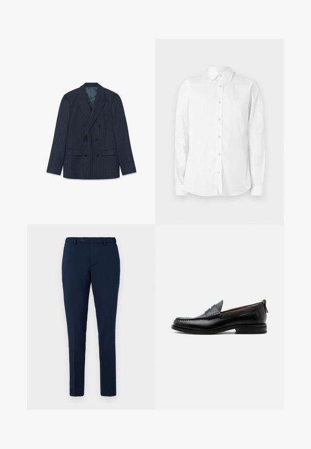 Blazer azul marino de corte cruzado con finas rayas, solapas pico y bolsillos con tapa, dispuesto sobre un fondo blanco.; Camisa blanca de manga larga con botones, hecha de algodón. Presenta un cuello puntiagudo y un pequeño logo bordado en el pecho. Textura suave.; Pantalones ajustados de color azul marino con pasadores para cinturón, cierre de botón y cinturilla elástica, mostrados sobre un fondo blanco.; Mocasín de hombre de piel negra con costura moc toe, tira penny, cuello texturizado y tacón bajo apilado sobre fondo blanco.