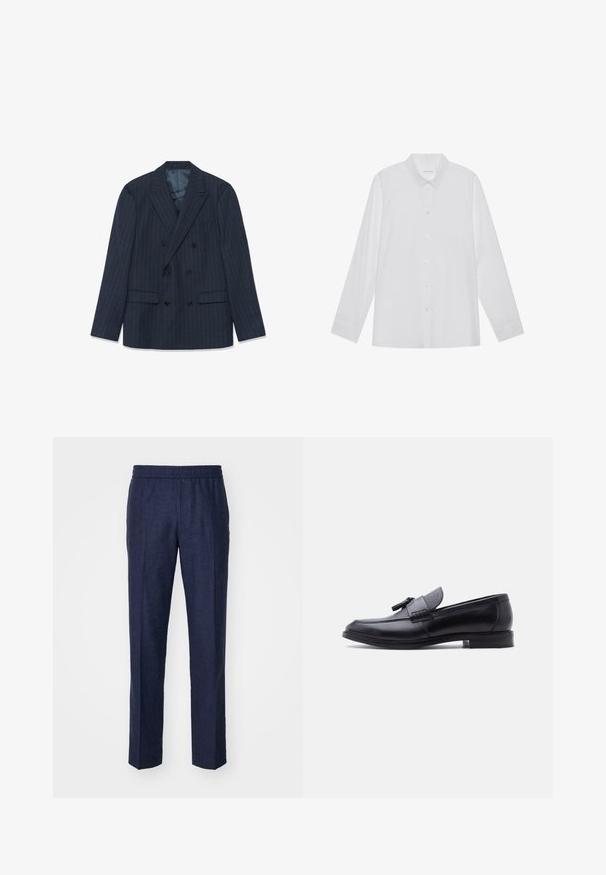Blazer bleu marine à double boutonnage avec des fines rayures, revers en pointe et poches à rabat, posé à plat sur fond blanc.; Chemise blanche à manches longues en tissu lisse, dotée d'un col pointu, d'une fermeture à boutons sur le devant et de poignets à un bouton.; Pantalons en lin bleu marine avec une taille élastique, coupe droite et sans motifs ni détails en métal visibles. Texture lisse.; Mocassin en cuir noir avec panneau en tissu gris texturé et détail à pampilles, talon bas et bout arrondi, vu de côté sur fond blanc.