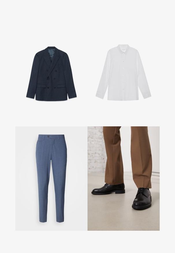 Blazer azul marino de corte cruzado con finas rayas, solapas pico y bolsillos con tapa, dispuesto sobre un fondo blanco.; Camisa blanca de manga larga hecha de tela suave, con cuello puntiagudo, cierre frontal de botones y puños de un solo botón.; Pantalones de tela azul medio, con textura suave, delantero plano, trabillas para cinturón y cierre con un solo botón. Diseño entallado de pierna recta.; Zapatos de cuero negro con superficie lisa y puntera redonda, que presentan cierre con cordones y una suela baja y plana. Combinados con pantalones marrones.