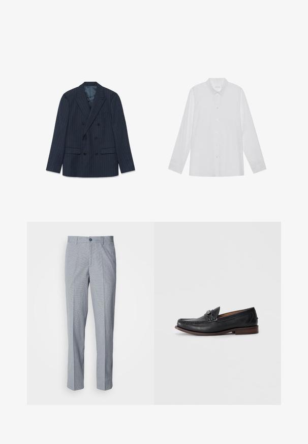 Blazer azul marino de corte cruzado con finas rayas, solapas pico y bolsillos con tapa, dispuesto sobre un fondo blanco.; Camisa blanca de manga larga hecha de tela suave, con cuello puntiagudo, cierre frontal de botones y puños de un solo botón.; Pantalones de vestir a cuadros grises, ajuste entallado, con una textura de tela suave, frente plano y cierre de un botón.; Mocasines de cuero negro con punta redondeada, hardware decorativo en la parte delantera y una suela marrón contrastante. Textura suave y diseño fácil de poner.