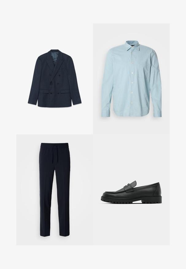 Marineblauesdblätriges Sakko mit feinen Nadelstreifen, mit Reverskragen und aufgesetzten Taschen, flach auf einem weißen Hintergrund ausgelegt.; Helles blau karierter Langarmshirt mit Button-Down-Kragen, Brusttasche und weißen Knöpfen. Hergestellt aus einem glatten Stoff.; Marineblaue, leichte Hose mit einem elastischen Bund und verstellbarem Kordelzug, ausgestattet mit einem geraden Schnitt und glatter Textur.; Schwarze Lederloafer mit runder Zehenform, ausgestattet mit einem gesteppten Design, niedrigem Plattformsohle und einer strukturierten, genoppten Gummisohle.