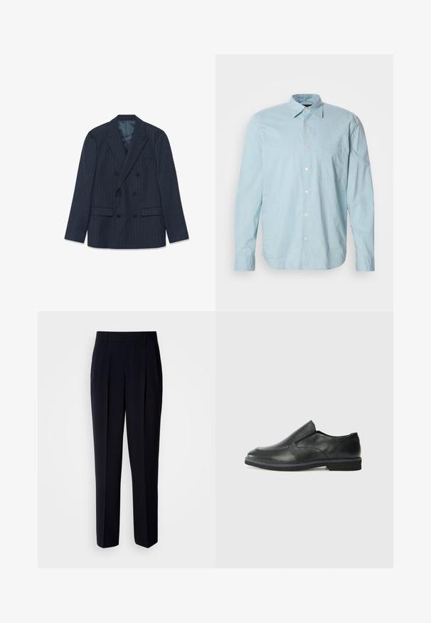 Marineblauwe double-breasted blazer met fijne streepjes, pieklapels en klepzakken, plat gelegd op een witte achtergrond.; Lichtblauwe geruite overhemd met lange mouwen, met een button-down kraag, borstzak en witte knopen. Gemaakt van een gladde stof.; Donkerblauwe broek met geplooide voorkant, getailleerde pasvorm en een soepele stoftextuur, voorzien van ceintuurlussen en een rechte pijp.; Zwarte leren instapper met een soepele bovenkant, gestikte accenten, ronde neus en een lage rubberen hak. De zool heeft minimale profiel.