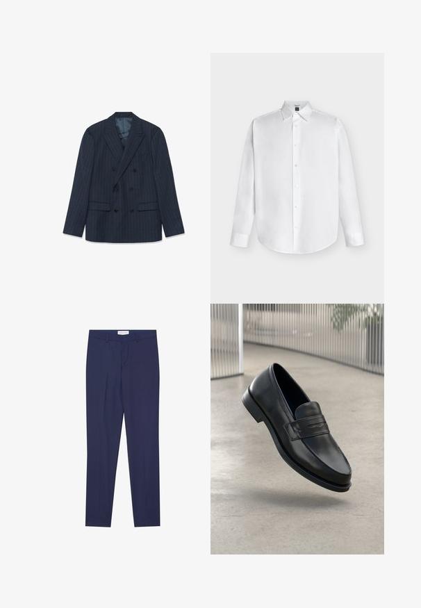 Marineblauwe double-breasted blazer met fijne streepjes, pieklapels en klepzakken, plat gelegd op een witte achtergrond.; Wit overhemd met lange mouwen en knopen, met een klassieke kraag, plat liggend op een lichte achtergrond.; Marineblauwe dresspants van gladde stof, met een flat front, twee zijzakken, een ritsgulp en een schone zoom zonder patronen of accenten.; Zwarte leren loafer met een gladde textuur, spitse neus en een decoratieve band over de wreef. Lichtgewicht zool, minimalistisch ontwerp.