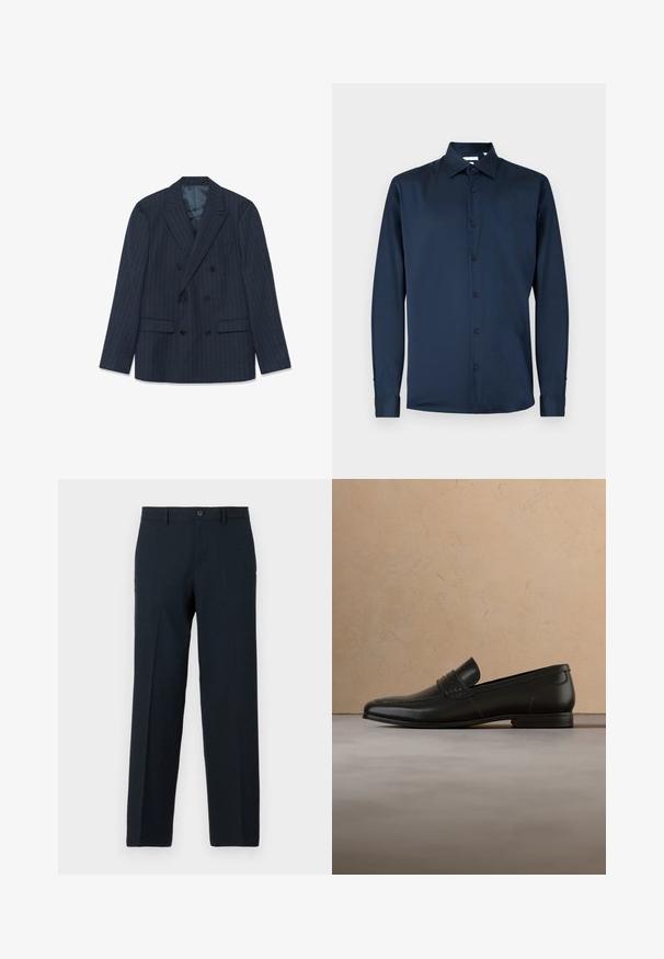 Blazer azul marino de corte cruzado con finas rayas, solapas pico y bolsillos con tapa, dispuesto sobre un fondo blanco.; Camisa de manga larga azul marino hecha de tela suave, con cuello clásico, tapeta de botones completa y puños abotonados.; Pantalones ajustados negros con cierre de botón y cremallera, trabillas para el cinturón y diseño de pierna recta.; Zapato mocasín de cuero negro suspendido en el aire sobre una alfombra beige con un sofá beige de fondo.