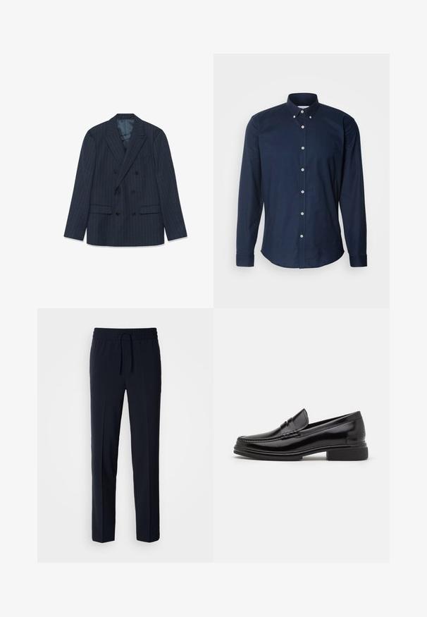 Marineblauwe double-breasted blazer met fijne streepjes, pieklapels en klepzakken, plat gelegd op een witte achtergrond.; Navyblauw overhemd met lange mouwen, met een button-down kraag, knopen aan de voorkant en een afgeronde zoom. Gemaakt van een gladde katoenen stof.; Marineblauwe, lichte broeken met een elastische tailleband en verstelbaar trekkoord, met een recht model en een gladde textuur.; Zwarte leren instappers met een afgeronde neus, voorzien van een gestikte detail over de wreef, en een lage blokhak. Glad textuur en glanzende afwerking.