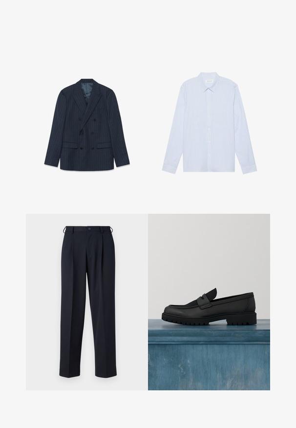 Blazer azul marino de corte cruzado con finas rayas, solapas pico y bolsillos con tapa, dispuesto sobre un fondo blanco.; Camisa de botones de manga larga a rayas azul claro. Con un cuello tradicional, botones blancos y una suave mezcla de algodón.; Pantalones azul marino a medida con cierre delantero de botón y cremallera, trabillas para cinturón y bolsillos laterales, mostrados sobre un fondo blanco.; Zapato negro de cuero tipo slip-on con un detalle de tela texturizada, suela de goma resistente y acabado suave. Presenta un detalle sutil de costuras.