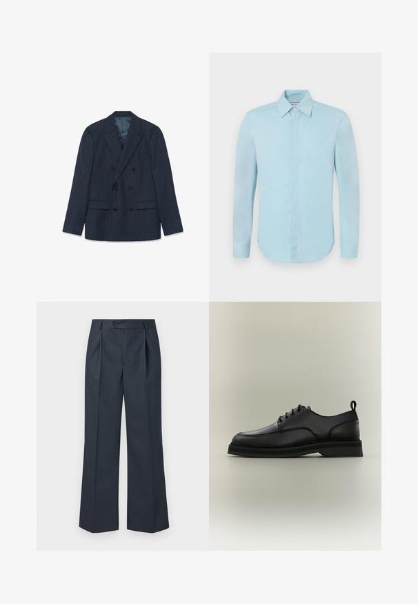 Marineblauesdblätriges Sakko mit feinen Nadelstreifen, mit Reverskragen und aufgesetzten Taschen, flach auf einem weißen Hintergrund ausgelegt.; Paul & Joe COSMA - Hemd - bleu; Marineblau gestreifte weit geschnittene Hose mit vorderen Falten, einem einzelnen Knopfverschluss und glattem Stoff. Mit vertikalen grünen Nadelstreifen als Detail.; Schwarzer Lederschnürschuh mit dicker Sohle und Zuglasche an der Ferse, seitlich auf neutralem Hintergrund dargestellt.