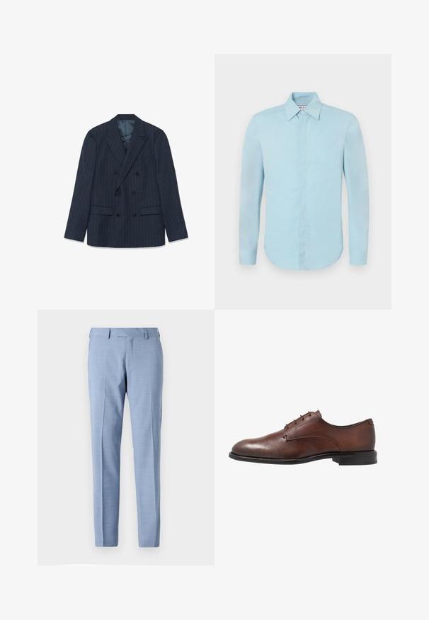 Blazer bleu marine à double boutonnage avec des fines rayures, revers en pointe et poches à rabat, posé à plat sur fond blanc.; Paul & Joe COSMA - Chemise - bleu; Pantalon habillé bleu clair ajusté avec devant plat, poches latérales, passants pour ceinture et coupe droite sur un fond uni.; Chaussure de ville en cuir marron avec une finition lisse, bout arrondi, quatre œillets et un petit talon en caoutchouc noir. Design simple sans motifs.