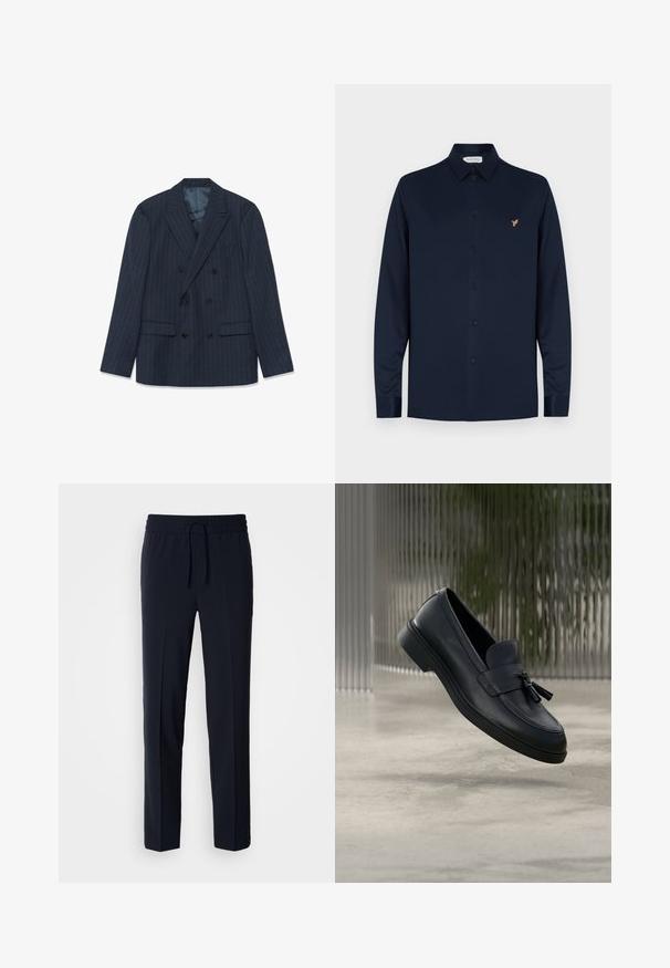 Blazer bleu marine à double boutonnage avec des fines rayures, revers en pointe et poches à rabat, posé à plat sur fond blanc.; Chemise bleu marine à manches longues en tissu lisse, présentant un col boutonné, des boutons noirs et un petit logo d'oiseau doré sur la poitrine.; Pantalons légers bleu marine avec une taille élastique et un cordon de serrage réglable, présentant un design coupe droite et une texture lisse.; Mocassins en cuir noir avec une texture lisse, un bout arrondi et des pampilles décoratives à l'avant. Semelle en caoutchouc flexible avec un petit talon.