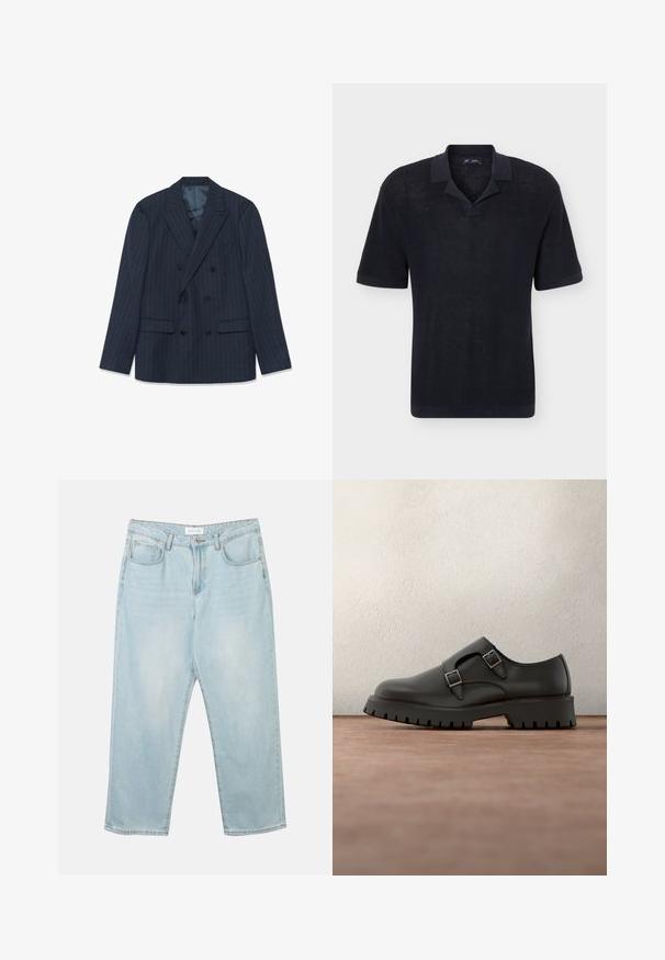 Blazer azul marino de corte cruzado con finas rayas, solapas pico y bolsillos con tapa, dispuesto sobre un fondo blanco.; Polo de punto negro de manga corta con cuello suave y una ligera apertura en forma de V, mostrado sobre un fondo claro y liso.; Jeans de mezclilla azul claro con un corte relajado, cinco bolsillos, cierre de botón y ligeras desgastadas. La textura es suave y ligeramente usada.; Zapato negro de cuero con correas de doble hebilla, punta redonda y suela gruesa de goma texturizada. Diseño minimalista con interior azul en contraste.