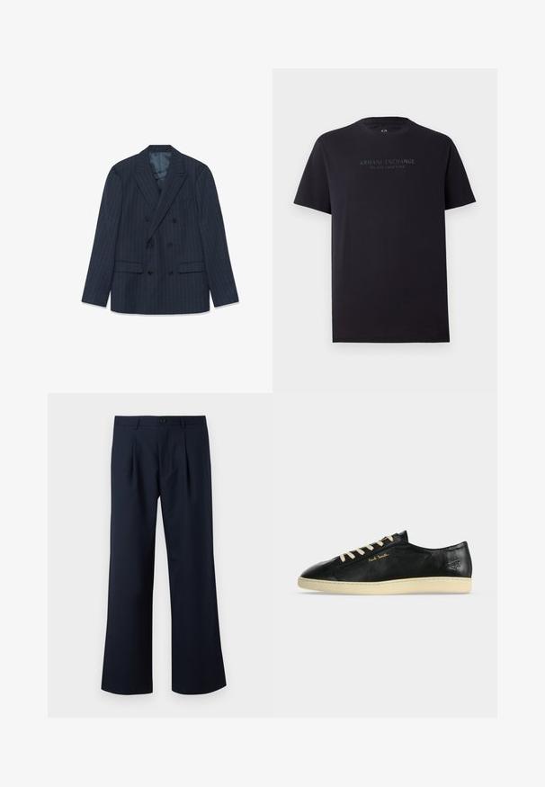 Marineblauesdblätriges Sakko mit feinen Nadelstreifen, mit Reverskragen und aufgesetzten Taschen, flach auf einem weißen Hintergrund ausgelegt.; Schwarzes Baumwoll-T-Shirt mit kurzen Ärmeln, Rundhalsausschnitt und einem leicht lockeren Schnitt. Mit der Aufschrift "ARMANI EXCHANGE MILANO / NEW YORK" in dunkelgrauer Schrift.; Marineblaues Hosen mit maßgeschneidertem Schnitt, weitem Beindesign, Bundfalten und einem einzelnen Knopfverschluss an der Taille. Glatte Stofftextur.; Schwarzer flacher Ledersneaker mit cremefarbener Sohle und Schnürsenkeln, goldenem "Paul Smith"-Logo an der Seite und eingeprägtem Symbol nahe der Ferse.