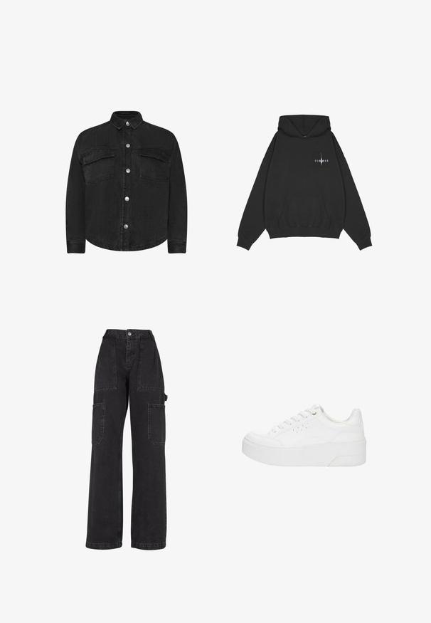 Zwarte spijkerjack met lange mouwen, kraaghals, voorzakken en zilveren drukknoopsluitingen. Soepele textuur, rechte snit.; Pegador Hoodie - washed black; Zwarte denim cargobroek met wijde pijpen, meerdere patchzakken en een hoge taille. Beschikt over een knoopsluiting en stevige stiksels.; Witte plateau sneaker met veters aan de voorkant, geperforeerde zijkanten en dikke zool, weergegeven vanaf de buitenkant op een witte achtergrond.